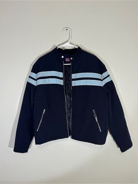 Edikted Joey Oversized Navy Bomber Jacket with Light Blue Stripes
